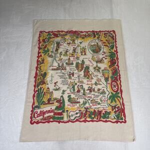 Vintage 40s Large Linen Kitchen Tea Towel California Souvenir Tourist Map 38x30"